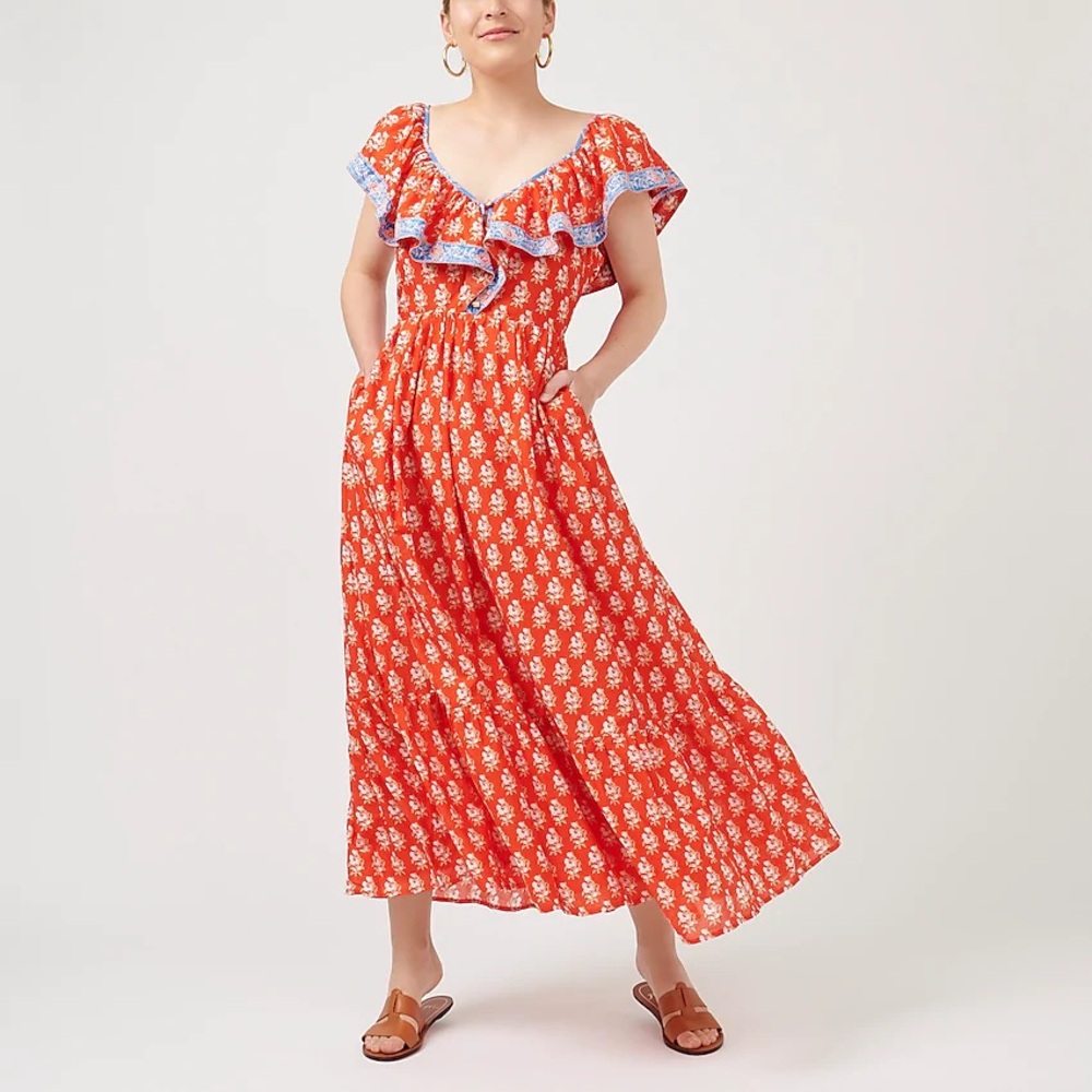 J. Crew Floral Ruffle Block Print Maxi Sundress - Red NWT size 14